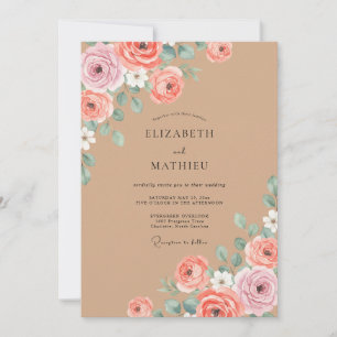 Tan Blush Ranunculus Eucalyptus Wedding Invitation