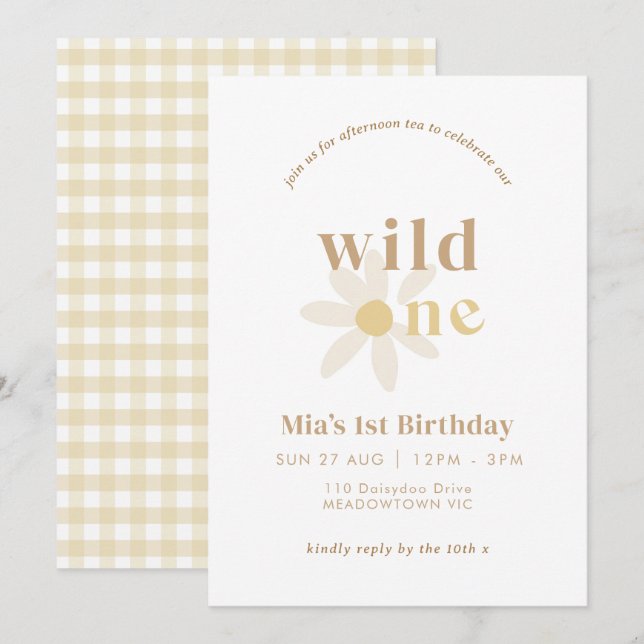 Tan Boho Daisy Floral First Birthday Invitation (Front/Back)
