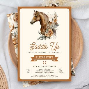 Tan Boho Floral Horse Cowgirl Birthday Party Invitation