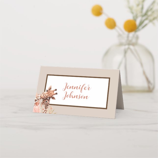 Tan Boho Giraffe Baby Shower Place Cards (Front)