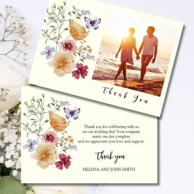 Tan Boho Wildflower Wedding Thank You Card (Creator Uploaded)