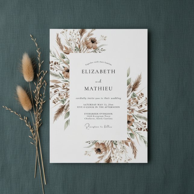 Tan Botanical Brushstroke Wedding Invitation (Creator Uploaded)