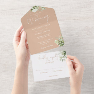 Tan Botanical Greenery Monogram Wedding All In One Invitation