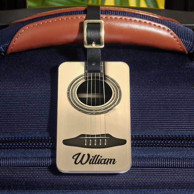 Tan Brown Acoustic Guitar Instrument Name Luggage Tag (Front Insitu 2)