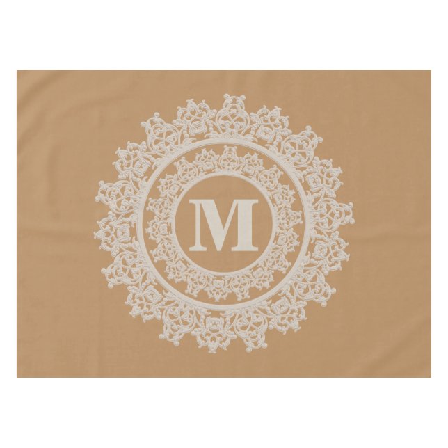 Tan Brown and Cream Elegant Monogram Tablecloth (Front (Horizontal))
