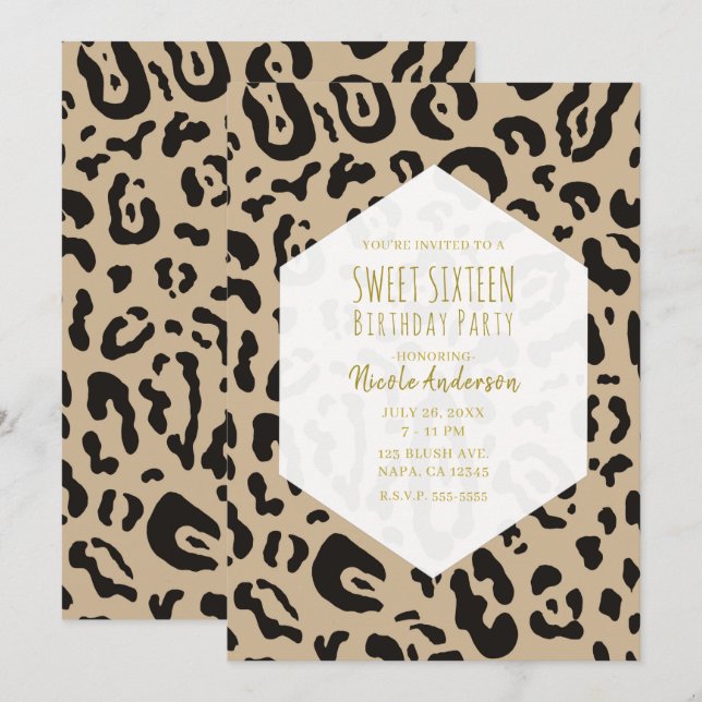 Tan Brown & Black Cheetah Leopard Chic Sweet 16 In Invitation (Front/Back)