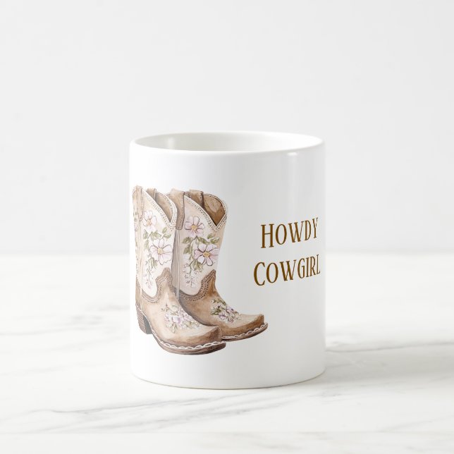 Tan Brown Blush Pink Floral Cowgirl Boots Coffee Mug (Center)