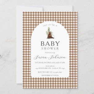 Tan Brown Check Plaid Gingham Boy Bear Baby Shower Invitation