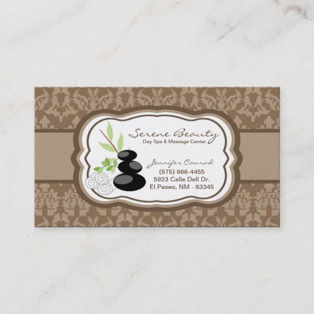 Tan Brown Damask Spa Hot Stones Business Card (Front)