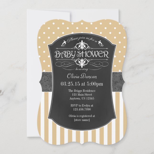 Tan Brown Grey Chalkboard Stripes Baby Shower Invitation (Front)