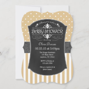 Tan Brown Grey Chalkboard Stripes Baby Shower Invitation
