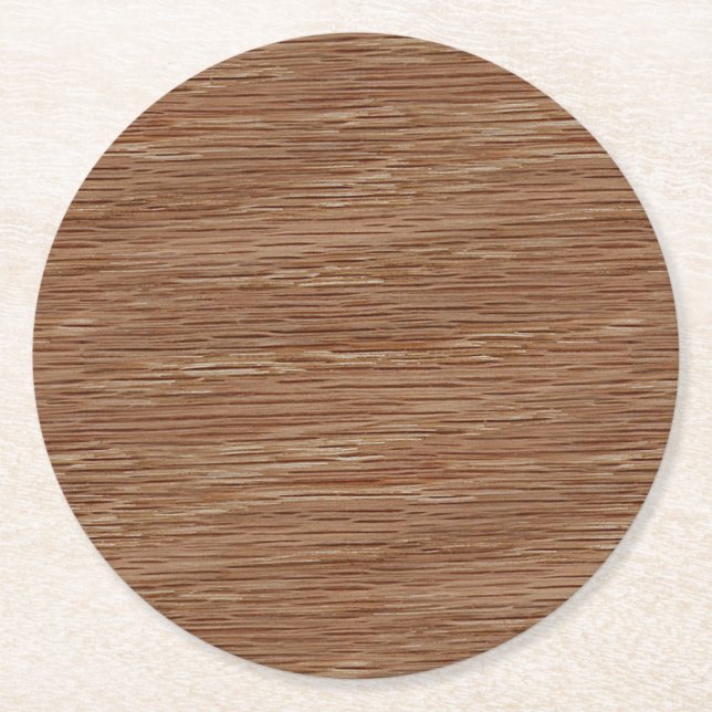 Tan Brown Natural Oak Wood Grain Look Round Paper Coaster (Front)
