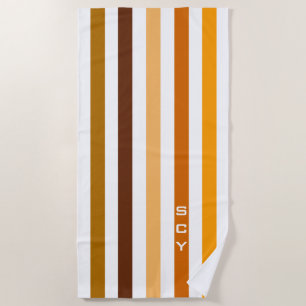 Tan Brown Orange Vertical Stripes Monogram Beach Towel