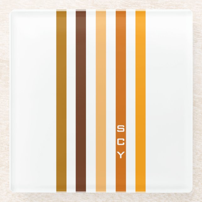 Tan Brown Orange Vertical Stripes Monogram Glass Coaster (Front)