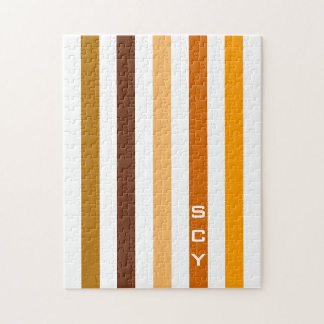 Tan Brown Orange Vertical Stripes Monogram Jigsaw Puzzle (Vertical)