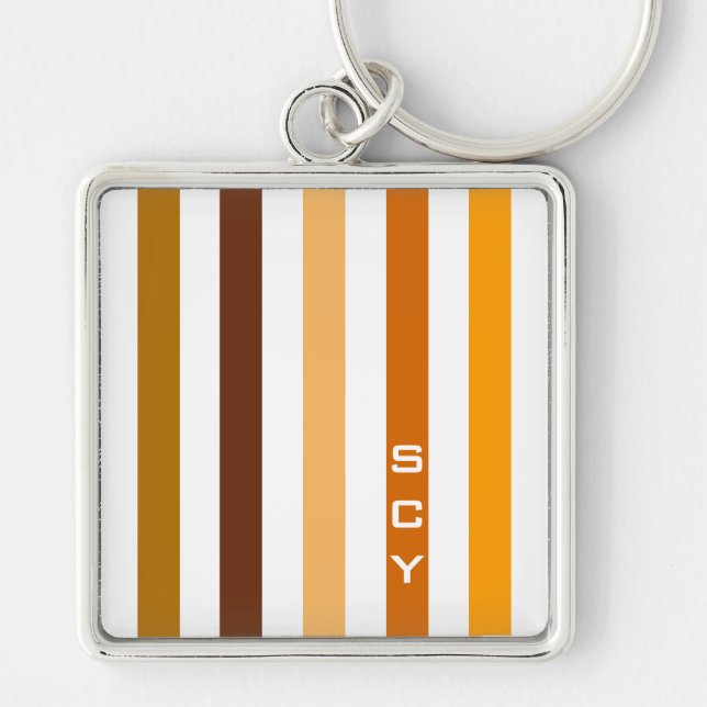 Tan Brown Orange Vertical Stripes Monogram Key Ring (Front)