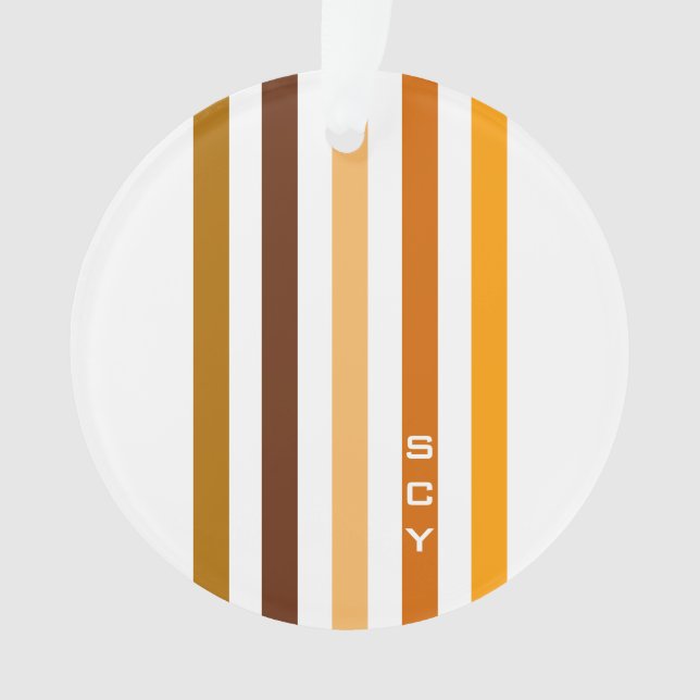 Tan Brown Orange Vertical Stripes Monogram Ornament (Front)