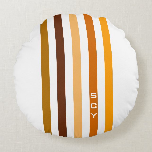 Tan Brown Orange Vertical Stripes Monogram Round Cushion (Front)