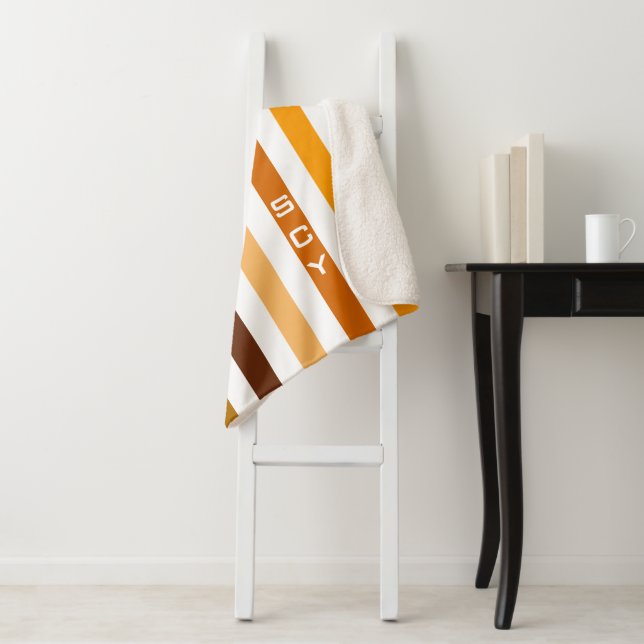 Tan Brown Orange Vertical Stripes Monogram Sherpa Blanket (In Situ)