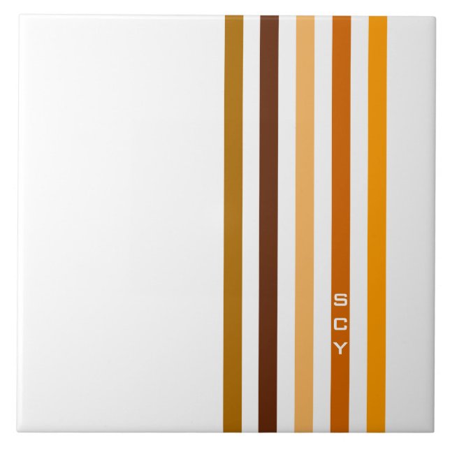 Tan Brown Orange Vertical Stripes Monogram Tile (Front)