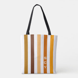 Tan Brown Orange Vertical Stripes Monogram Tote Bag