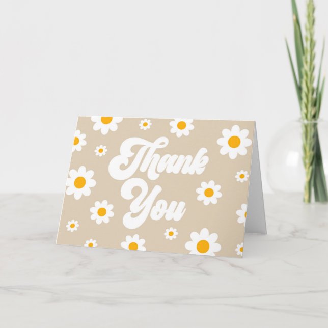 Tan Brown Retro Daisy Flower Party Thank You Card (Front)