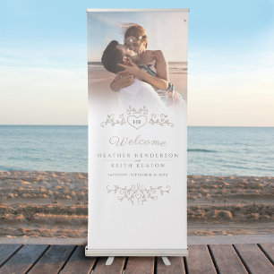 Tan brown white leaves wedding photo heart  retractable banner