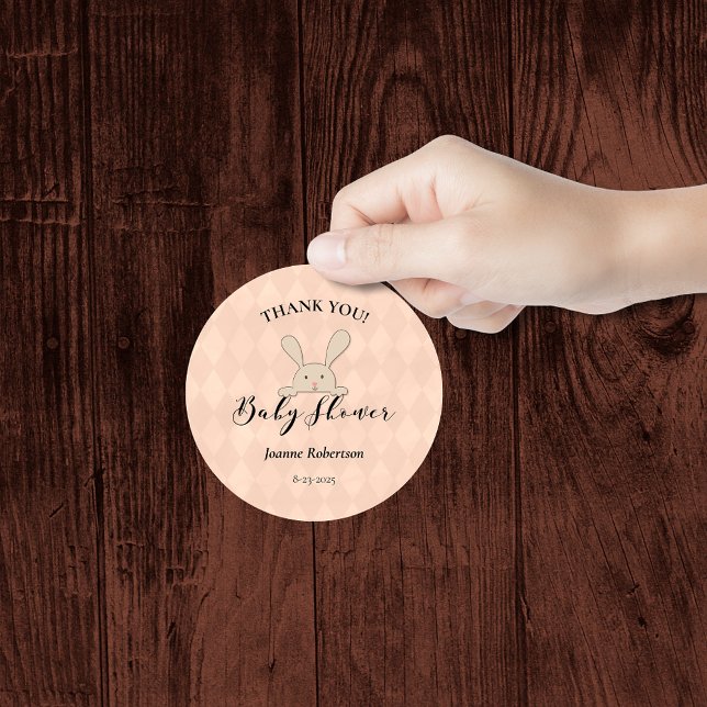 Tan Bunny Rabbit Coral Diamond Baby Shower Classic Round Sticker (Creator Uploaded)