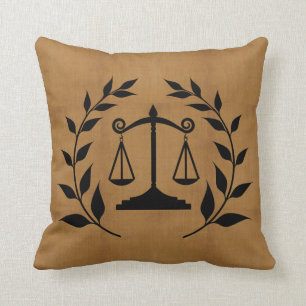 Tan Burlap Print - Silhouette Scales of Justice Cushion