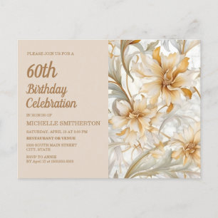 Tan Champagne Floral Women's 60th Birthday Invitation Postcard