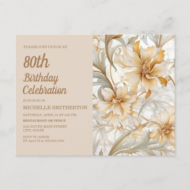 Tan Champagne Floral Women's 80th Birthday Invitation Postcard (Front)