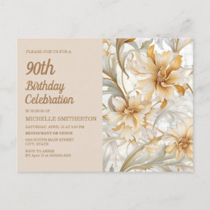 Tan Champagne Floral Women's 90th Birthday Invitation Postcard