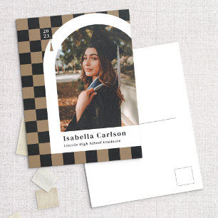 Tan Chequered Arch Photo Graduation Announcement Postcard