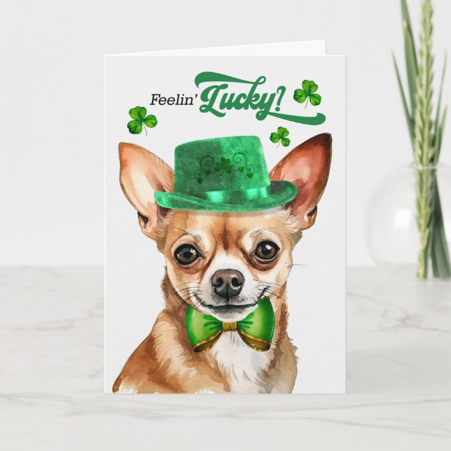 Tan Chihuahua Dog Feelin' Lucky St Patrick's Day Holiday Card (Front)