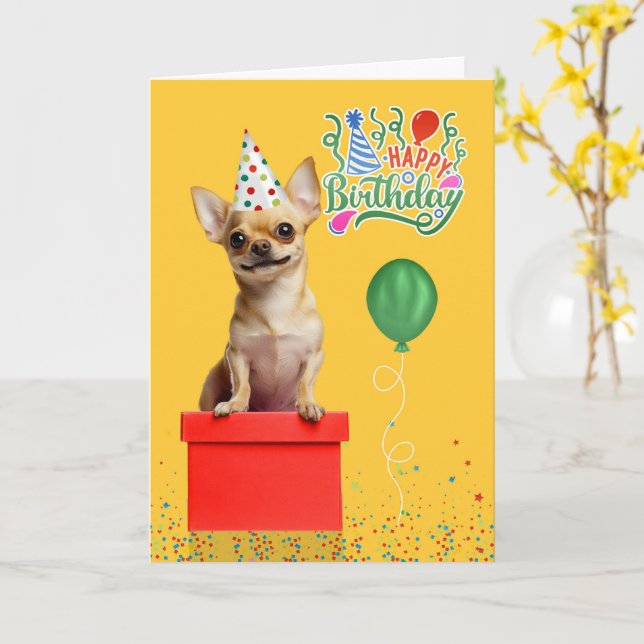 Tan Chihuahua Dog Party Hat Yellow Birthday Card (Yellow Flower)