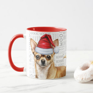 Tan Chihuahua Dog Santa Woof Background Christmas Mug