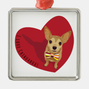 Tan Chihuahua with a bow tie in a red heart Metal Tree Decoration