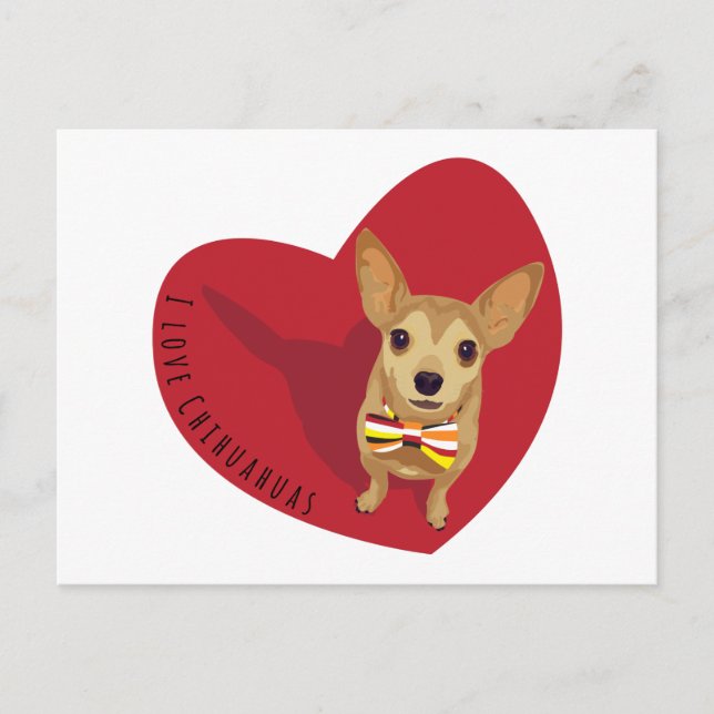 Tan Chihuahua with a bow tie in a red heart Postcard (Front)