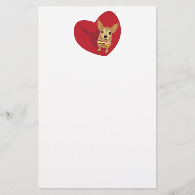 Tan Chihuahua with a bow tie in a red heart Stationery (Front)