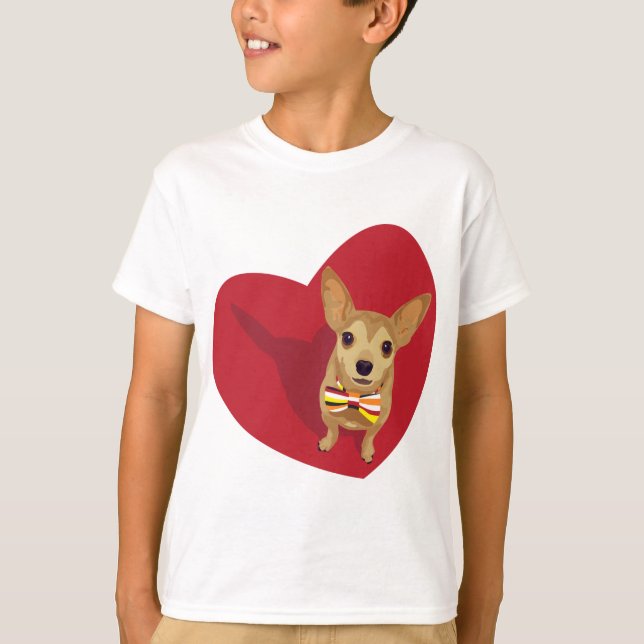 Tan Chihuahua with a bow tie in a red heart T-Shirt (Front)
