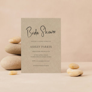 Tan Colour Linen Simple Black Script Bridal Shower Invitation
