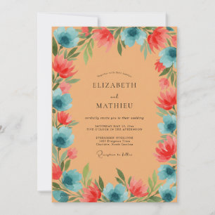 Tan Coral Azure Wildflower Wedding Invitation