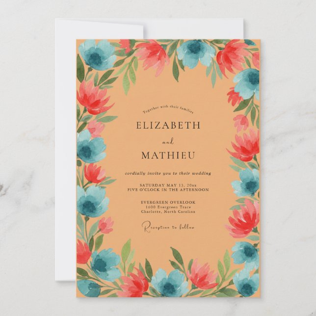 Tan Coral Azure Wildflower Wedding Invitation (Front)