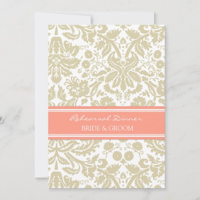 Tan Coral Damask Rehearsal Dinner Party Invitation (Front)