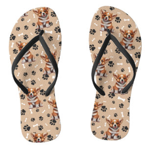 Tan Corgi Puppy Pawprints Flip Flops