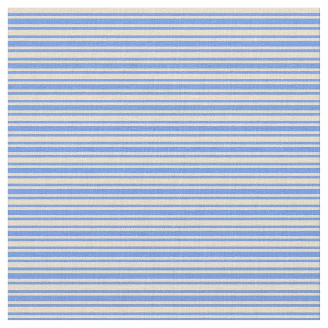 Tan & Cornflower Blue Striped/Lined Pattern Fabric (Close Up)