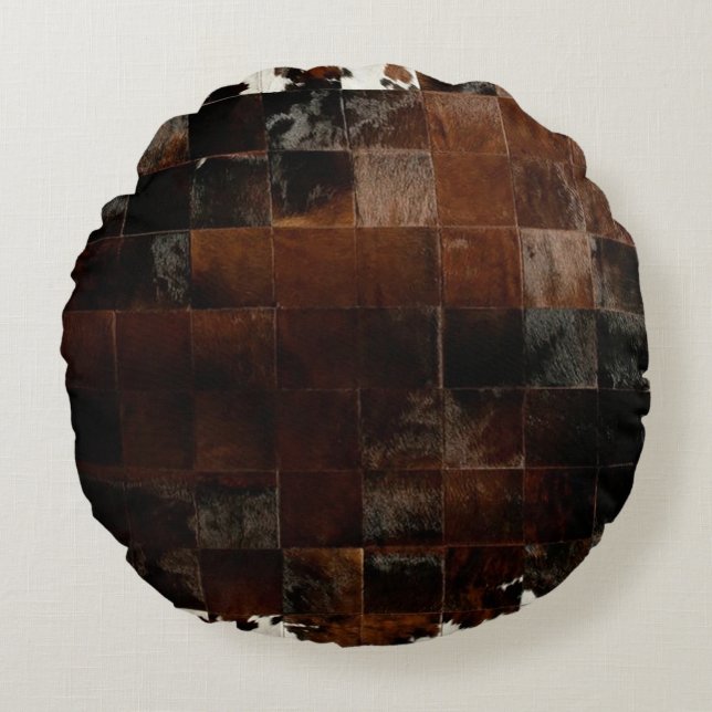 Tan Cowhide Patchwork Print Round Cushion (Front)