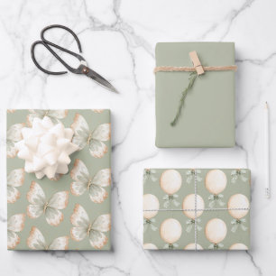 Tan Cream Green Butterflies Balloons Birthday Wrapping Paper Sheet