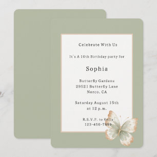 Tan Cream Green Butterfly Birthday  Invitation