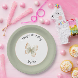 Tan Cream Green Butterfly Birthday Paper Plate